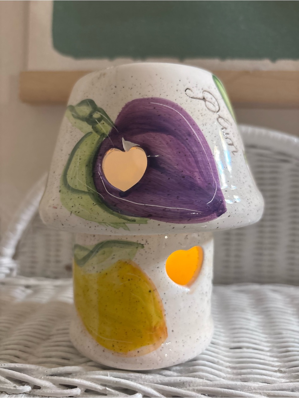 Small Hand-Painted Ceramic Mushroom Table tea lite Lamp w veggies and fruits